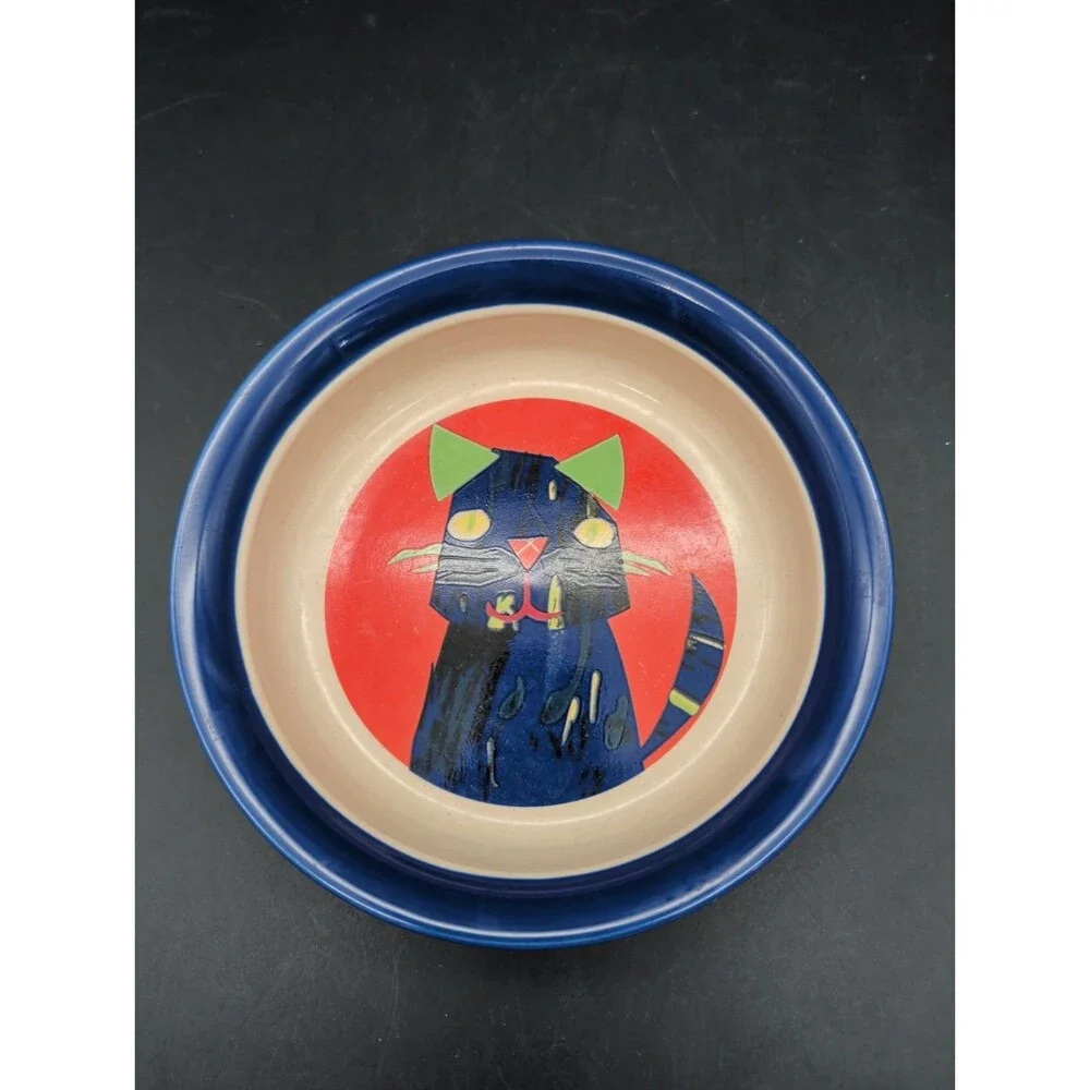 Meow Chow Abstract Cat Feeding Dish Blue Kitty Food Water Shallow